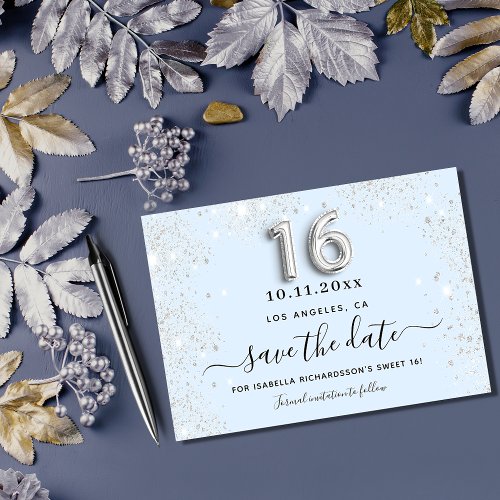 Sweet 16 baby blue silver glitter save the date note card