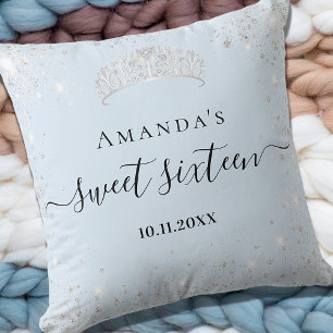 Sweet 16 baby blue silver glitter tiara name throw pillow