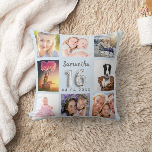 Sweet 16 baby blue silver photo collage throw pillow (Blanket)