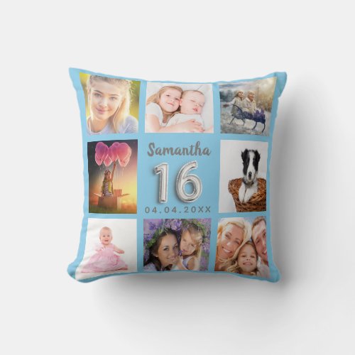 Sweet 16 baby blue silver photo collage throw pillow