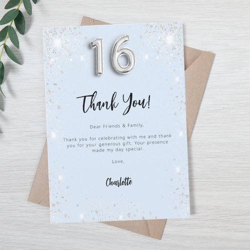 Sweet 16 baby blue silver thank you card