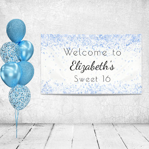 Sweet 16 baby blue white glitter dust welcome banner
