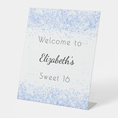 Sweet 16 baby blue white glitter dust welcome pedestal sign
