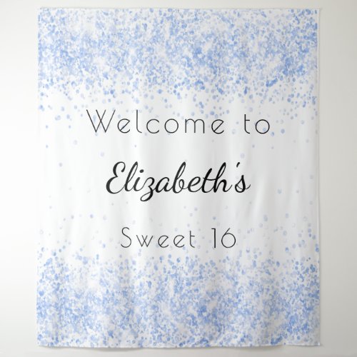 Sweet 16 baby blue white glitter dust welcome tapestry