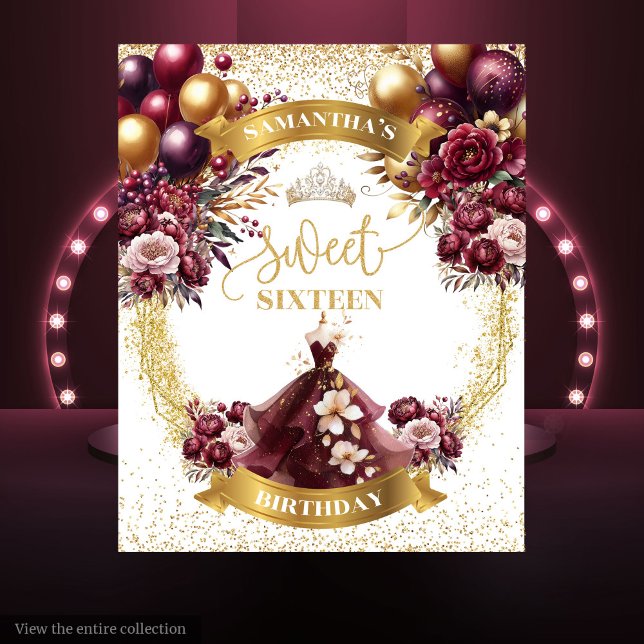 Sweet 16 Backdrop Burgundy Balloons Gold Glitter (Sweet 16 Backdrop Burgundy Balloons Gold Glitter)