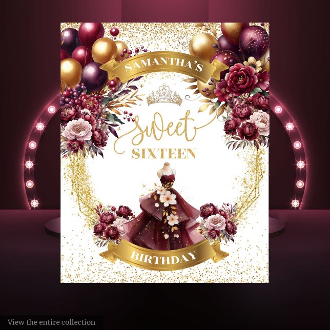 Sweet 16 Backdrop Burgundy Balloons Gold Glitter  (Sweet 16 Backdrop Burgundy Balloons Gold Glitter Glam)