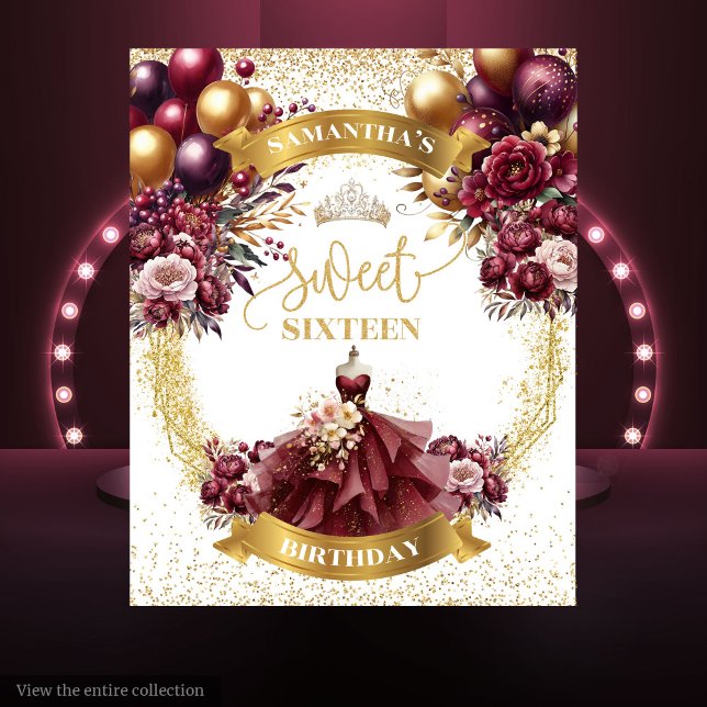 Sweet 16 Backdrop Burgundy Dress Gold Balloons Spa (Sweet 16 Backdrop Burgundy Dress Gold Balloons Spark)