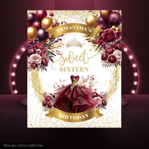 Sweet 16 Backdrop Burgundy Flowers Gold Balloons