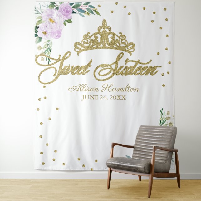 Sweet 16 Backdrop Gold Tiara Lavender Floral  (In Situ)