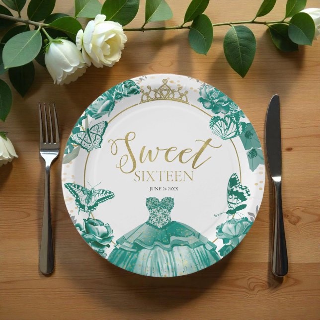 Sweet 16 Balloon Butterfly Emerald Green Dress Paper Plates (Creator Uploaded)