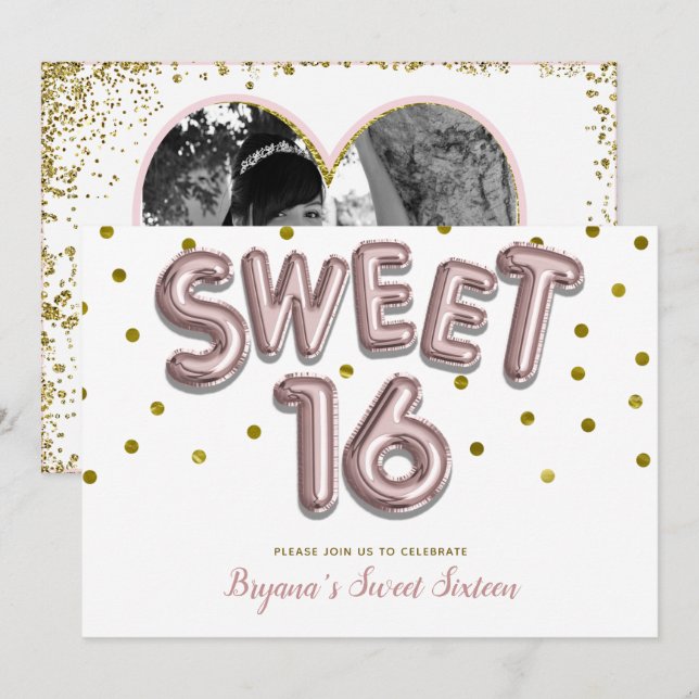 Sweet 16 Balloon Rose Gold Birthday Party PHOTO Invitation (Front/Back)