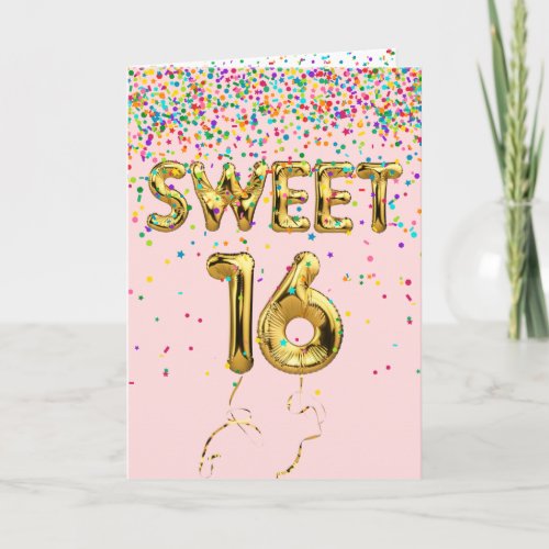 Sweet 16 Balloons and Confetti on Blush Card