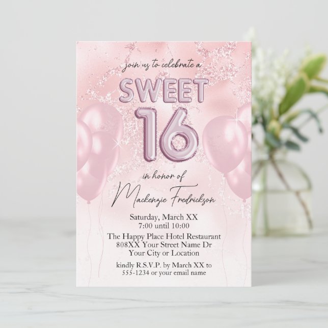 Sweet 16 Balloons on Pink Glitter Marble Invitation (Standing Front)