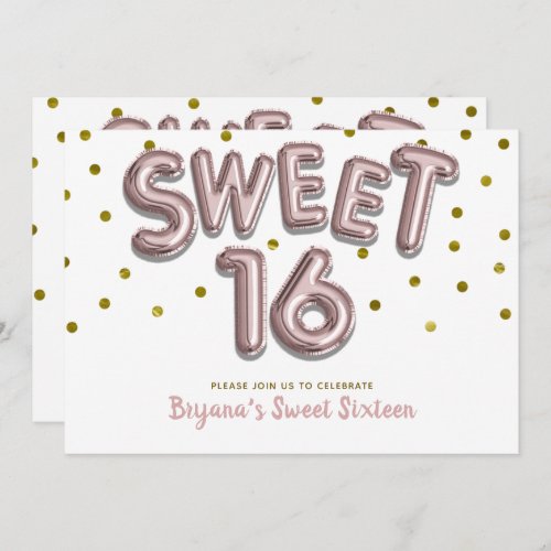 Sweet 16 Balloons Rose Gold Dots Party ANY COLOR Invitation