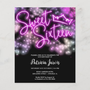 Sweet 16 Bday Colorful Neon Glow Budget Invitation by LitleStarPaper at Zazzle