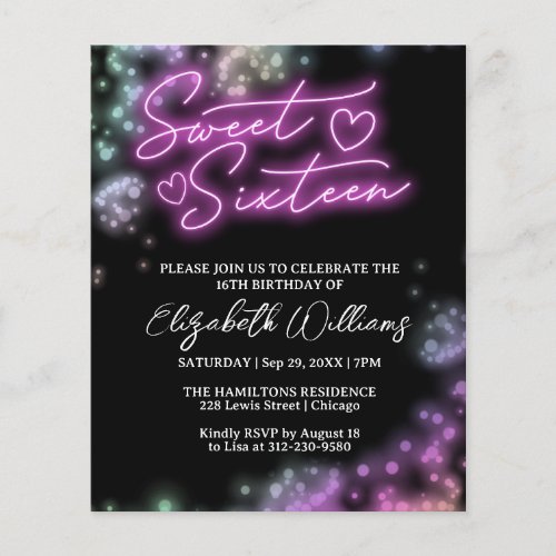 Sweet 16 Bday Colorful Neon Glow Budget Invitation