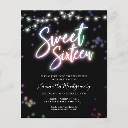 Sweet 16 Bday Colorful Neon Glow Budget Invitation