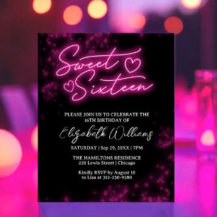 Sweet 16 Bday Hot Pink Neon Glow Budget Invitation