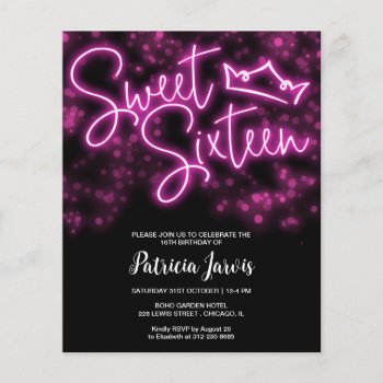 Sweet 16 Bday Hot Pink Neon Glow Budget Invitation by LitleStarPaper at Zazzle