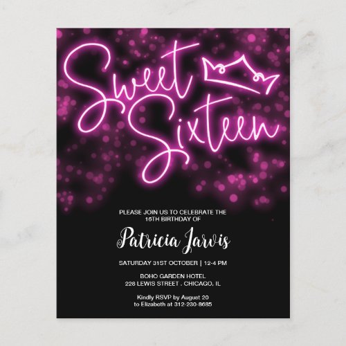 Sweet 16 Bday Hot Pink Neon Glow Budget Invitation