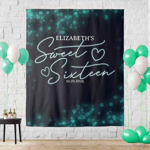 Sweet 16 Bday Teal Neon Glow Backdrop