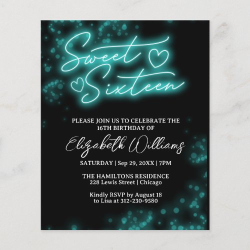 Sweet 16 Bday Teal Neon Glow Budget Invitation