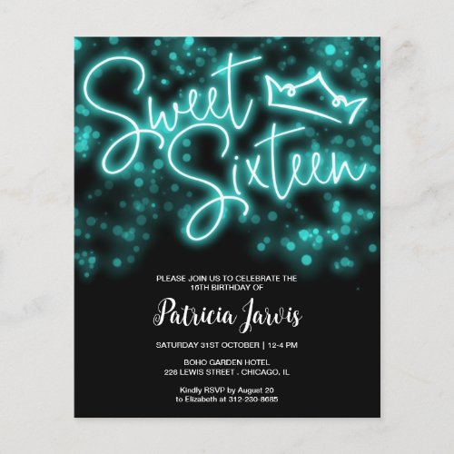 Sweet 16 Bday Teal Neon Glow Budget Invitation