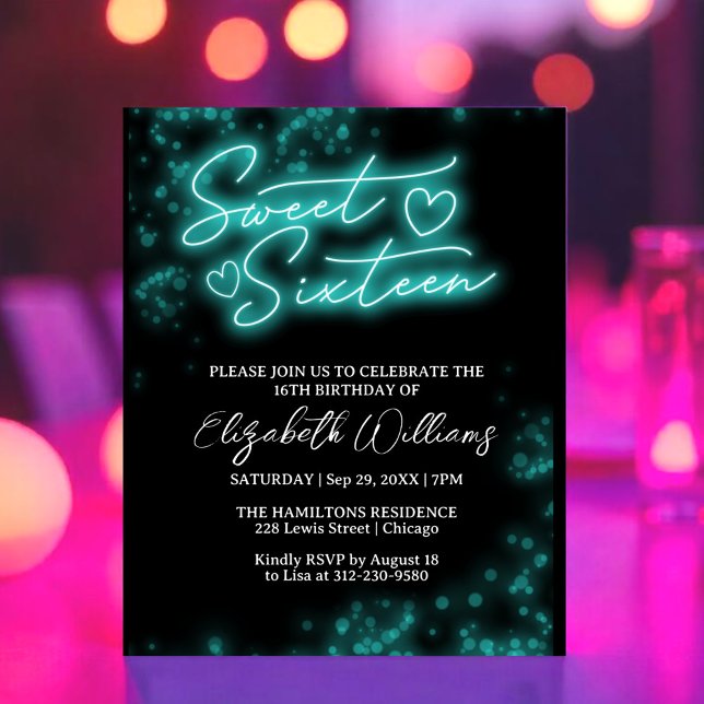 Sweet 16 Bday Teal Neon Glow Budget Invitation (Creator Uploaded)