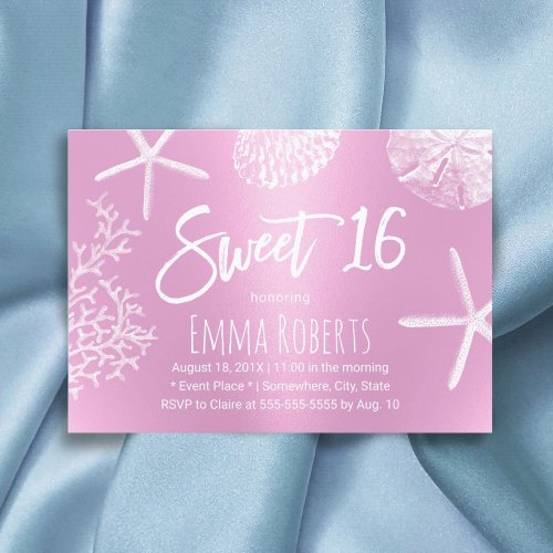 Sweet 16 Beach Starfish Coral Seashell Modern Pink Invitation