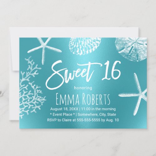 Sweet 16 Beach Starfish Coral Seashells Turquoise Invitation