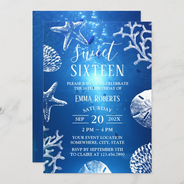 Sweet 16 Beach Starfish Seashells Underwater Invitation (Front/Back)