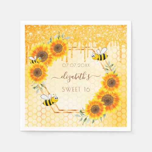 Sweet 16 bees sunflowers gold glitter drips napkins