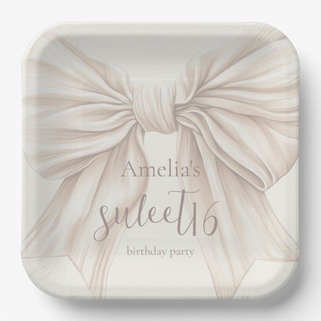 Sweet 16 Beige Bow Watercolor  Paper Plates (Front)
