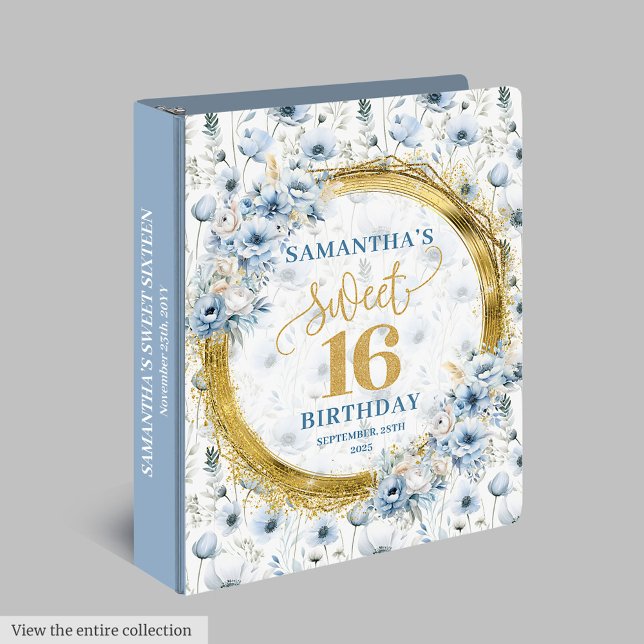 Sweet 16 Binder Blue Flowers & Gold Glitter (Sweet 16 Binder Blue Flowers & Gold Glitter)
