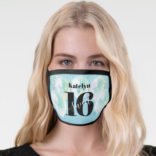 Sweet 16 Birthday Aqua Girly Glam Balloon Script Face Mask