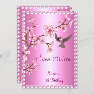 Sweet 16 Birthday Asian Pink Pearl Flowers Bird Invitation