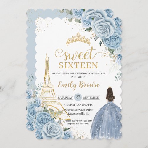 Sweet 16 Birthday Baby Blue Floral Paris Gold  Invitation