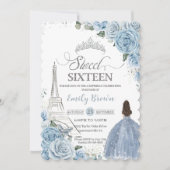 Sweet 16 Birthday Baby Blue Floral Paris Silver Invitation (Front)