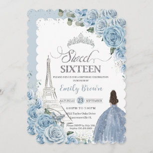 Sweet 16 Birthday Baby Blue Floral Paris Silver Invitation