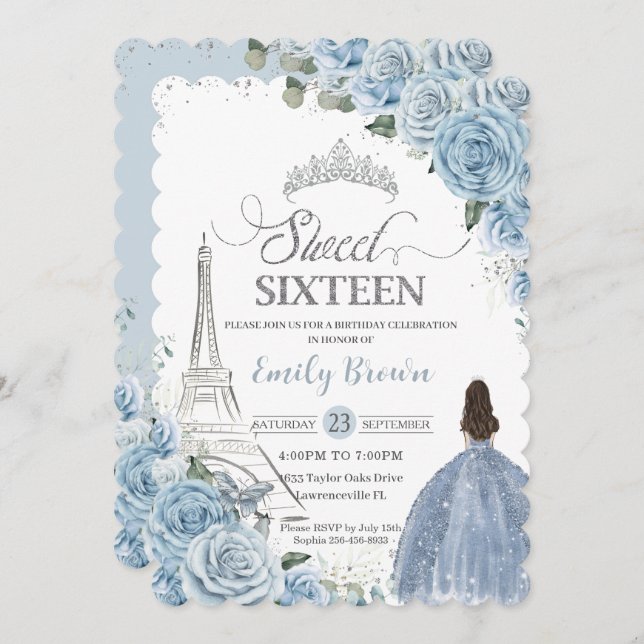 Sweet 16 Birthday Baby Blue Floral Paris Silver Invitation (Front/Back)