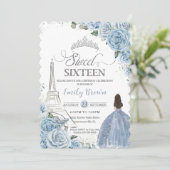 Sweet 16 Birthday Baby Blue Floral Paris Silver Invitation (Standing Front)