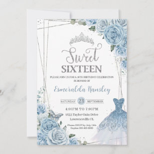 Sweet 16 Birthday Baby Blue Floral Roses Dress Invitation