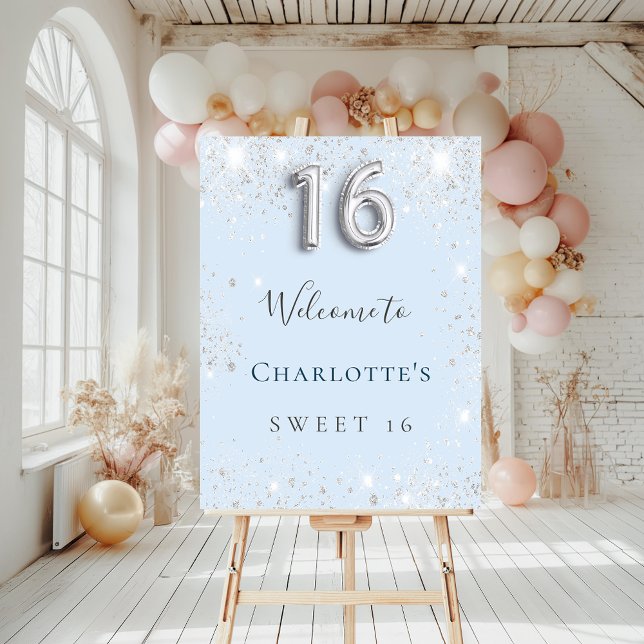 Sweet 16 birthday baby blue silver glitter welcome foam board (Creator Uploaded)