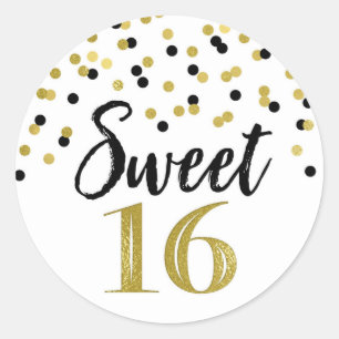 Sweet 16 Birthday Black and Gold Confetti Classic Round Sticker