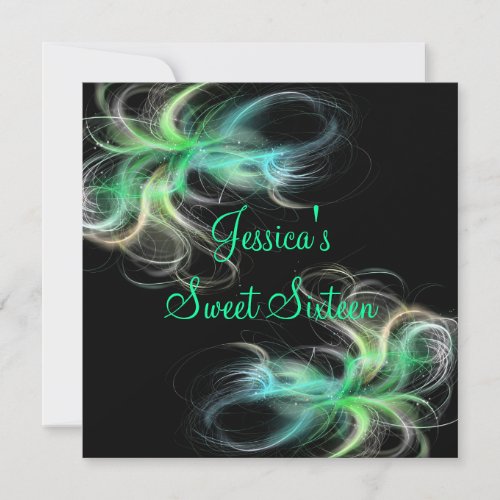 Sweet 16 Birthday Black &amp; Blue Green Swirls Personalized Announcements