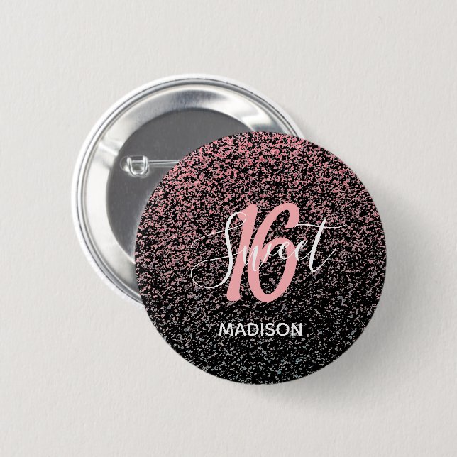 Sweet 16 Birthday Black Blush Pink Glitter Name Button (Front & Back)