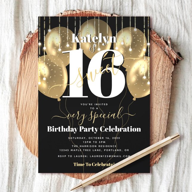 Sweet 16 Birthday Black Gold Balloons Bold Modern Invitation (Creator Uploaded)