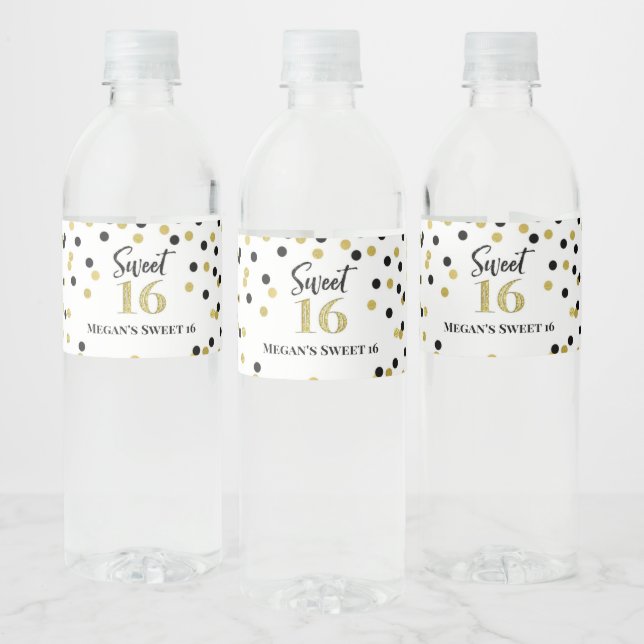 Sweet 16 Birthday Black Gold Confetti Water Bottle Label (Bottles)