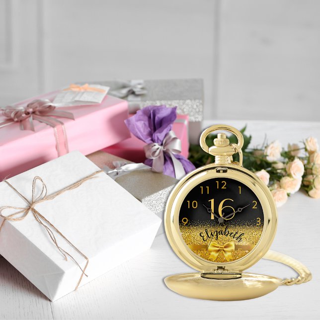 Sweet 16 birthday black gold name elegant pocket watch (Creator Uploaded)