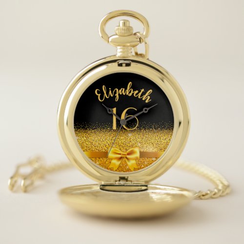Sweet 16 birthday black gold name elegant pocket watch